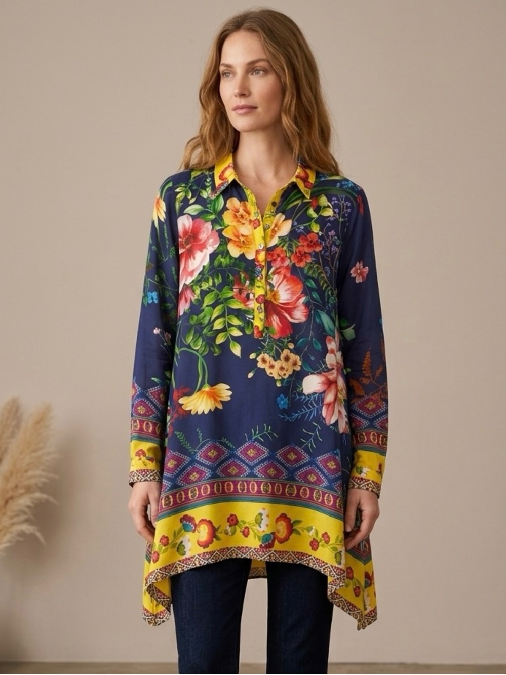 Johnny Was Blue Yellow Floral Tunic Dress Asymmetrical Roll Tab Sleeves Sz Small